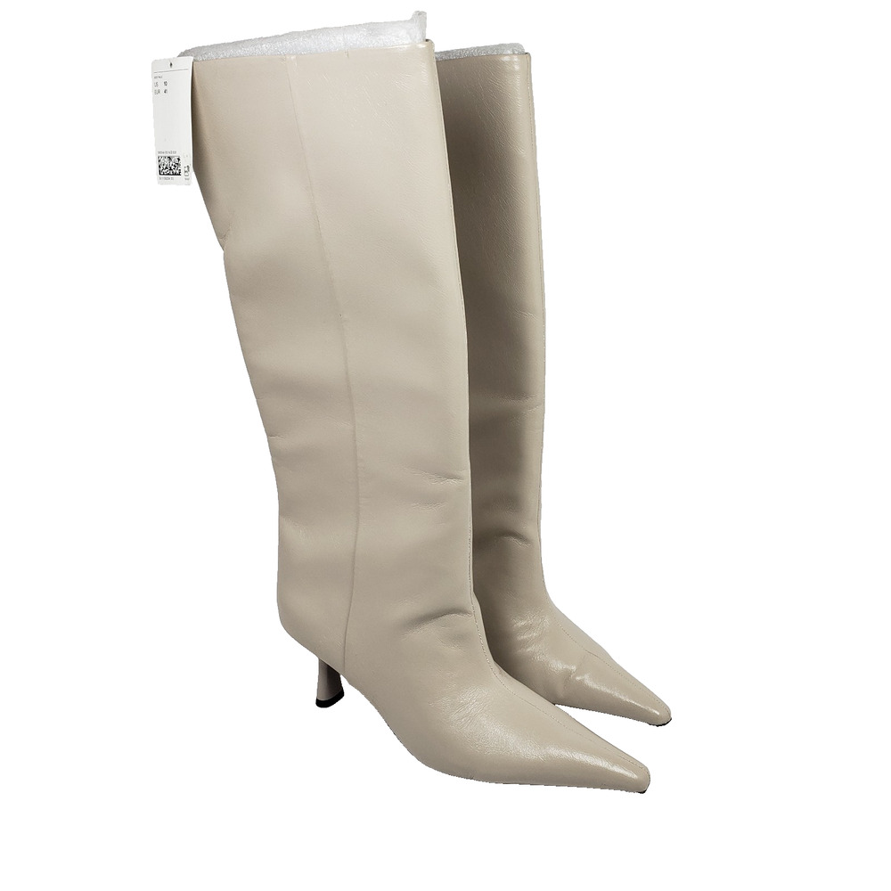 H&M Fashion Womens Size 10 Cream Pull On 2.5" Heeled Pointed Toe Knee High Boots